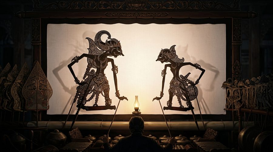 Dua siluet wayang saling berhadapan dalam obrolan dengan cahaya lampu hangat
