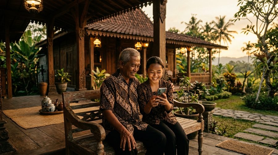 Kakek dan cucu remaja duduk bersama di beranda dengan ponsel di tangan saat senja