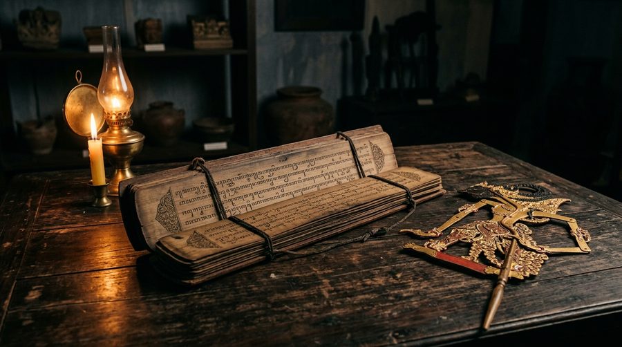 Naskah tua beraksara Jawa terbuka di atas meja kayu dengan wayang kulit di sampingnya