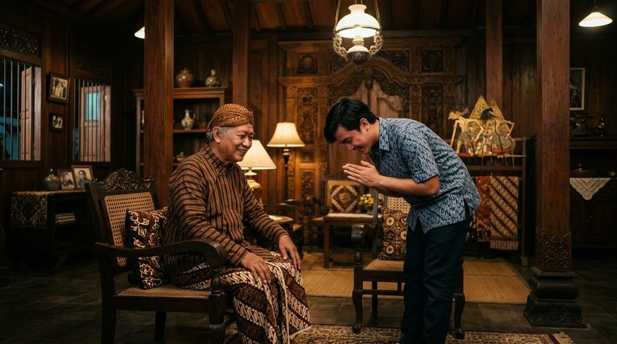 Pemuda tersipu menunduk saat berbicara dengan orang yang lebih tua di ruang tamu